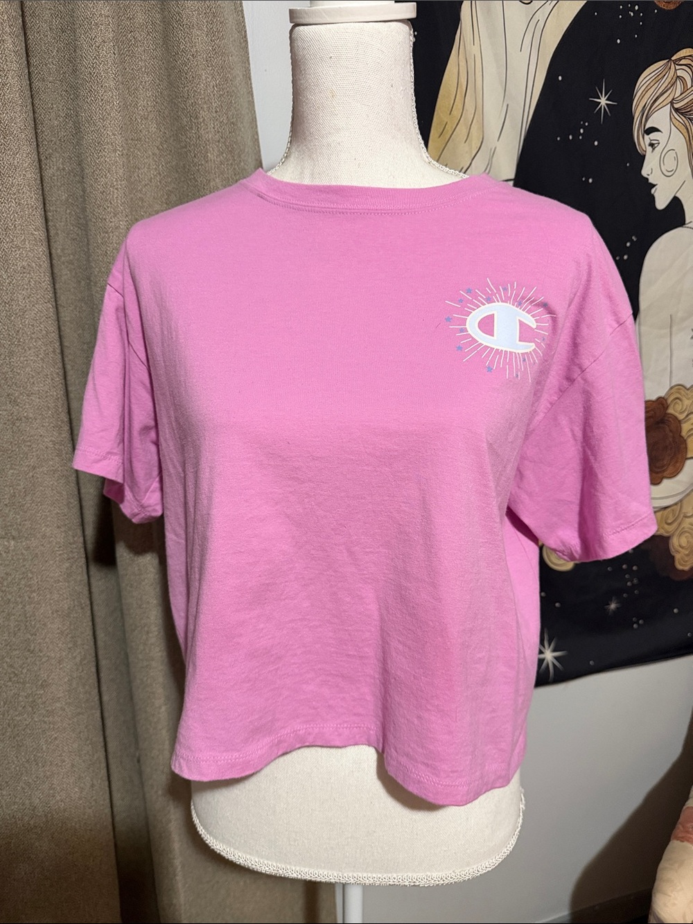 Champion Bubblegum Pink Short Crop Tee with Chest Logo